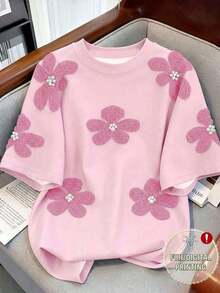 Camiseta de mujer de cuello redondo con bordado de conchas y estampado floral 3D - Multicolor 12 - Ver 1