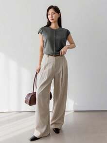 -Less Camiseta informal de manga corta con parches de unicolor para mujeres, estilo casual de negocios de verano - Gris - Ver 2