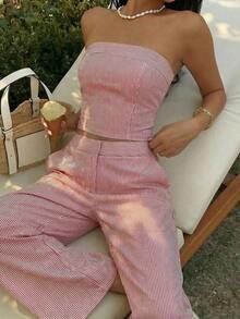SunnyBelle Conjunto de top bandeau a rayas amarillas y pantalones pitillo de talle alto para mujer, conjunto de vestimenta versátil y de moda para calle y vacaciones, primavera/verano - Rojo - Ver 6