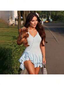 Vestido Ajustado De Chica Trendy Con Cuello Halter, Volantes Y Diseño De Botones Simples - Azul - Ver 2