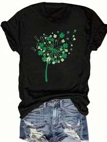 Women's Casual Crew Neck T-Shirt, Printed With Green Shamrock And Dandelion Motifs - Loose And Comfortable Fit, Short Sleeve Design, Machine Washable, Suitable For The Season, Made Of Opaque Fabric, Perfect For St. Patrick's Day. - 黑色 - 查看 5