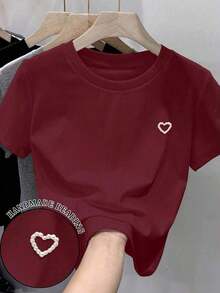 Camiseta de manga corta de unicolor con decoración de tachuelas en forma de corazón, de uso versátil y casual - Multicolor - Ver 6