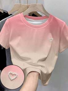 Camiseta de manga corta de unicolor con decoración de tachuelas en forma de corazón, de uso versátil y casual - Multicolor 4 - Ver 5
