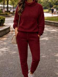 Set Of Pants And Turtleneck Sweater In Mousse Knit Fabric. - Marsala With a Fist - View 2