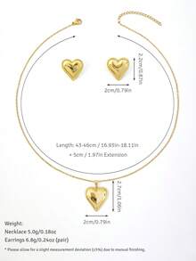 Minimalist Heart Stainless Steel Jewelry Set For Women Necklace & Earrings Set For Daily Work Date Vacation, Valentine's Christmas Gift - Gold - View 10
