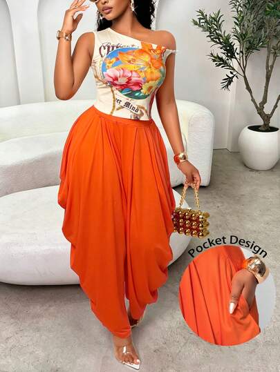 Aliling Women's Summer Avant-Garde Asymmetric Collar Printed Top Paired With Loose Pleated Pocket Knit Pants 2 Pieces Set, Suitable For Daily Wear, Clubs, Music Festivals, Parties Elegant
