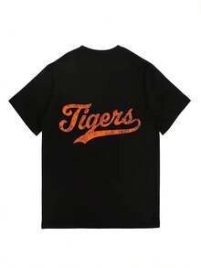 Camiseta de manga corta con estampado de tigre de 180 g para mujer, camiseta casual suave, regalo de moda de verano, adecuada para la familia, la empresa y la formación de equipos, Top vintage 2024 - Camiseta unisex de algodón holgada de manga corta y cuello redondo estilo vintage urbano. - Negro - Ver 2
