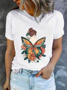 Camiseta de manga corta estampada para mujer, moderna y casual, lavable aáquina, ajuste cómodo, estampado plano 2D, estilo vintage urbano, unisex, de algodón, cuello redondo. - Blanco - Ver 1
