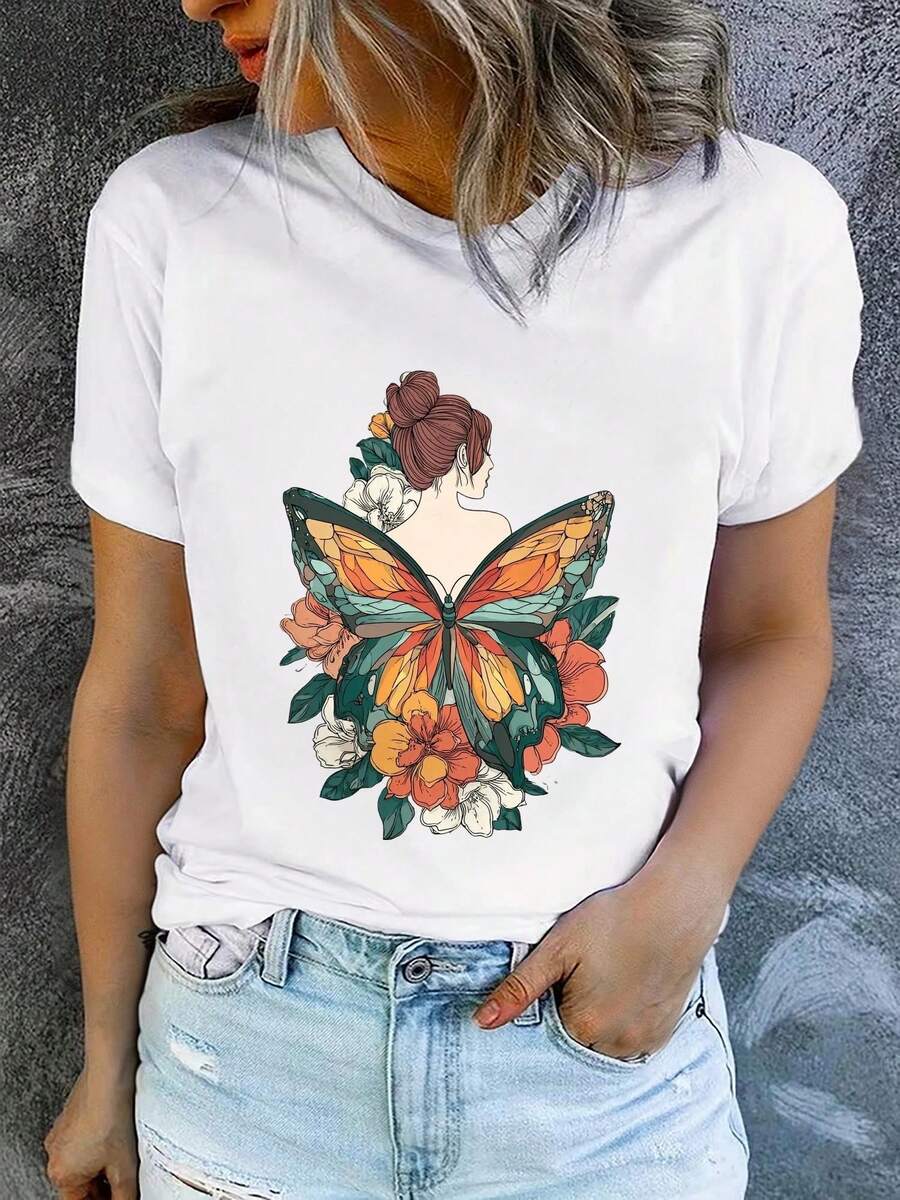 Camiseta de manga corta estampada para mujer, moderna y casual, lavable aáquina, ajuste cómodo, estampado plano 2D, estilo vintage urbano, unisex, de algodón, cuello redondo. - Blanco - Ver 1