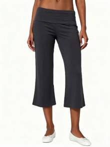 Womens Low Rise Capri Pants Fold Over Waistband Solid Color Slim Fit Cropped Pants Trousers - 深灰色 - 查看 4