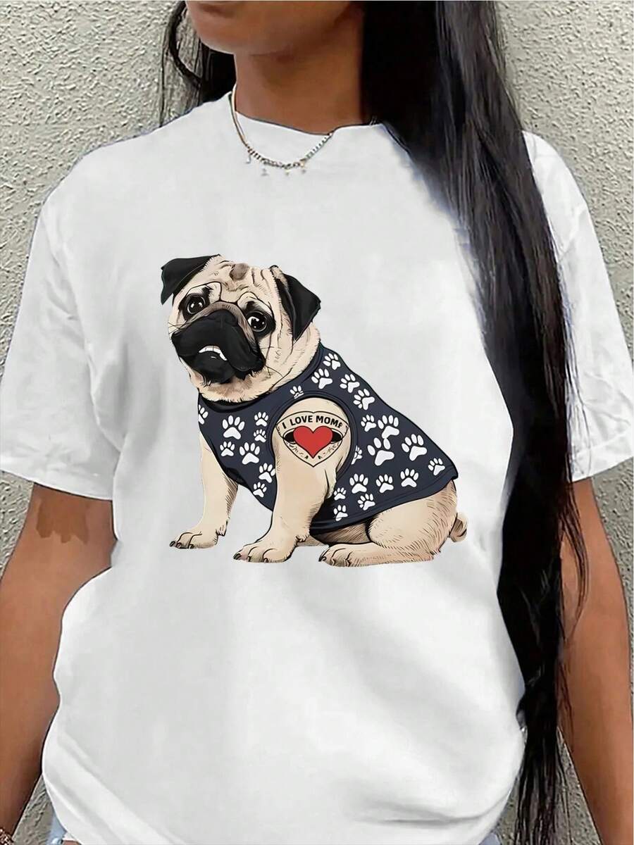 Short-Sleeved Polyester T-Shirt With A Pug Print, Suitable For Wearing At Home Or In Restaurants As Casual Wear. Lightweight And Durable Design, Comfortable And Fitted For Everyday Wear, Adorned With Cute Animal Patterns In Blue Details. Women's Casual Blouse - 白色 - 查看 1