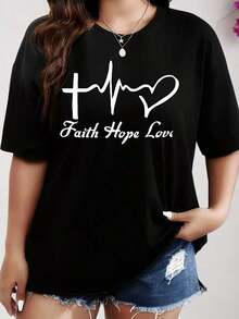 Camiseta única y moderna con diseño de fe, esperanza y amor en estilo y2k ideal para cualquier ocasión, atrévete a destacar con este look tan trendy que resalta tu personalidad y mensaje positivo, comodidad y diseño en una sola prenda, perfecta para el verano. - Negro - Ver 1