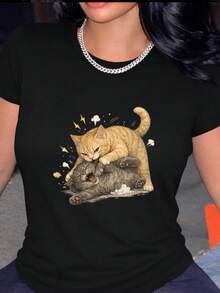 Una camiseta de manga corta para mujer, moderna, a la moda, retro, casual y holgada, adecuada para actividades al aire libre en primavera y verano, lavable, con estampado de cara de gato, de una marca de moda retro de alta calidad, ropa de verano para mujer, regalo ideal para vacaciones, manga corta, cuello redondo.blusas para mujer,blusas casuales para dama,tops,, mujer premium,y2k,playeras de mujer curvy,ofertas y liquidaciones ropa mujer,playeras deportivas para mujer,,playeras de hombre, mujer,blusas>elegante JFMZ - Negro - Ver 8