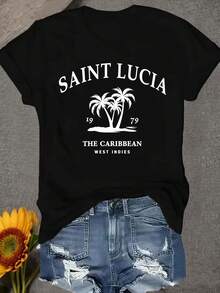 Una camiseta de manga corta para mujer, moderna, a la moda, retro, casual y holgada, adecuada para actividades al aire libre en primavera y verano, con un estampado de palmeras de las Islas Indias Occidentales del Caribe de Santa Lucía, perfecta para vacaciones en la playa.Esta camiseta cómoda y suave para mujer es un jersey de cuello redondo.blusas para mujer,blusas casuales para dama,tops,, mujer premium,y2k,playeras de mujer curvy,ofertas y liquidaciones ropa mujer,playeras deportivas para mujer,,playeras de hombre, mujer,blusas>elegante 9PLX - Negro - Ver 8