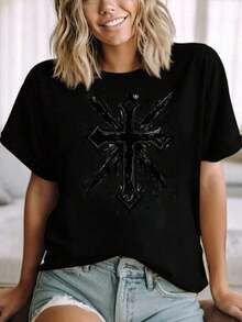 T-Shirt With Graphic Design Of Cross And Eye Detail, 220g, Suitable For Casual Sportswear - Vintage Urban Style, Unisex, Cotton, Short Sleeve, Round Neck, 100% Cotton - 黑色 - 查看 3