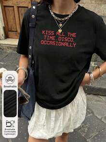 Women's Short-Sleeved T-Shirt With Round Neck And Kiss Print, Suitable For Daily Wear And Casual Occasions, Summer Black Color. Comfortable And Relaxed Casual T-Shirt For The Skin - 黑色 - 查看 7