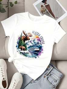 Camiseta de Moda para Mujer con Estampado de Oso Alce de Crucero en Alaska, Barco de Crucero, Paisaje Natural, para Vacaciones de Verano, Ropa Casual de Viajeblusa casual mujer - Blanco - Ver 4