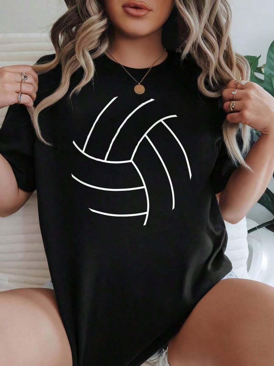 Camiseta de Mujer Casual de Corte Holgado, Opciones en Blanco y Negro, Estampado Gráfico de Voleibol, Camisetas Cómodas para Uso Diario, Tops de Verano, Camisetas Gráficas, Conjuntos de Verano para Mujer, Camisetas Cortas para Mujer, Tops Vintage de Algodón, Ropa Linda para Mujer, Playera Holgada para Mujer - Negro - Ver 1