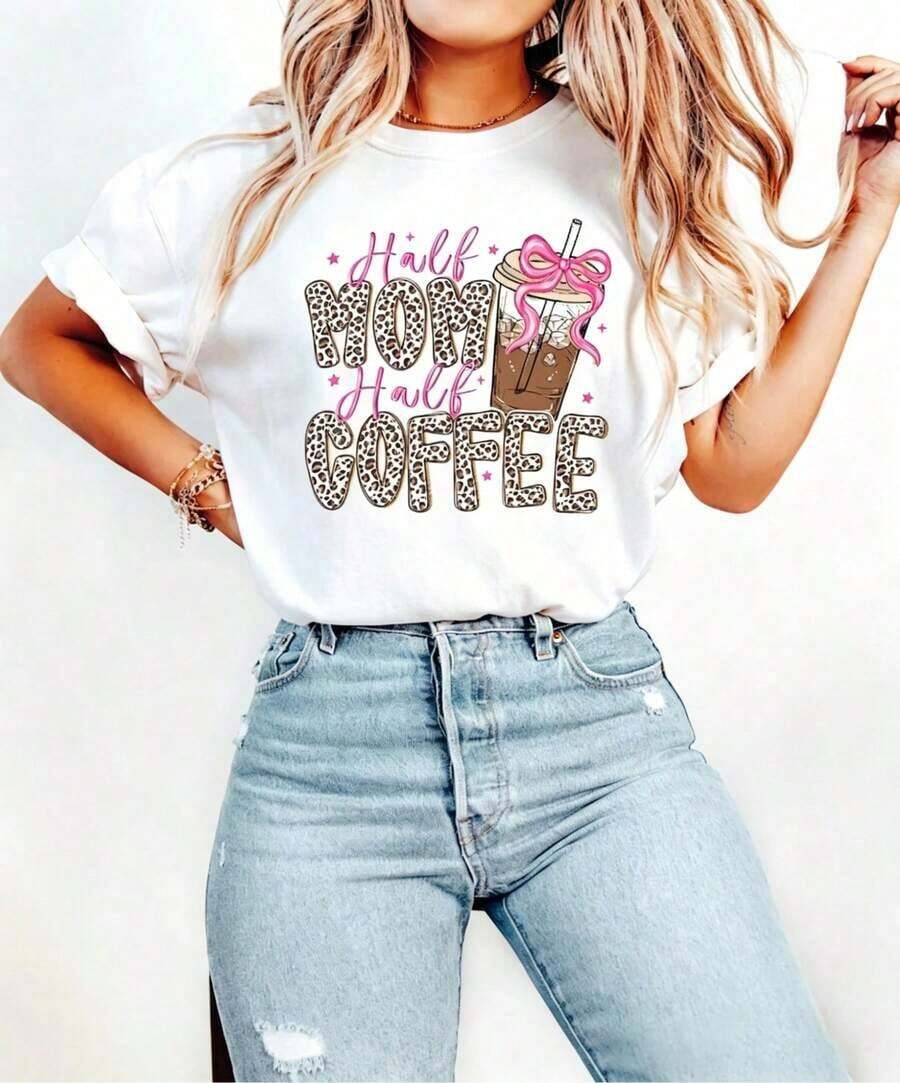 1 pieza Camiseta "Half Mom Half Coffee", Camiseta Divertida para Mamás, Sudadera para Amantes del Café, Regalo para Nueva Mamá, Sudadera para Mamá Ocupada, Camiseta de Regalo para el Día de la Madre, 180g Algodón 100% - Blanco - Ver 1