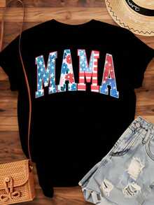 1 PcsPatriotic Mama T-Shirt American Flag Design Fourth Of July Independence Day Celebration Women's Casual Shirt Red And Blue Stars And Stripes Mother's Day Gift,180g 100% Cotton - 黑色 - 查看 3