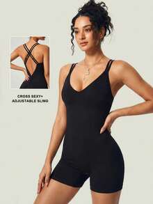 UONNOU 1 chiếc bodysuit nữ mùa xuân hè dây chéo lưng, unitard hở lưng gợi cảm định hình, jumpsuit nén kiểm soát bụng nâng mông đào, hoàn hảo cho yoga, chạy bộ, gym, thời trang mặc thường ngày - màu đen - Xem 2
