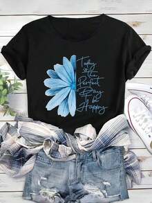 Camiseta de Mujer con Frases Positivas y Modernas, Diseño de Margarita Azul en Acuarela, Transpirable y Cómoda, Manga Corta, Cuello Redondo de Algodón Suave, Ideal para Salidas Casuales y Looks de Moda para Brunch. - Negro - Ver 5