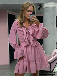 Vestido blanco cuello en V con pliegues mangas abullonadas y volantes - Rosa - Ver 6
