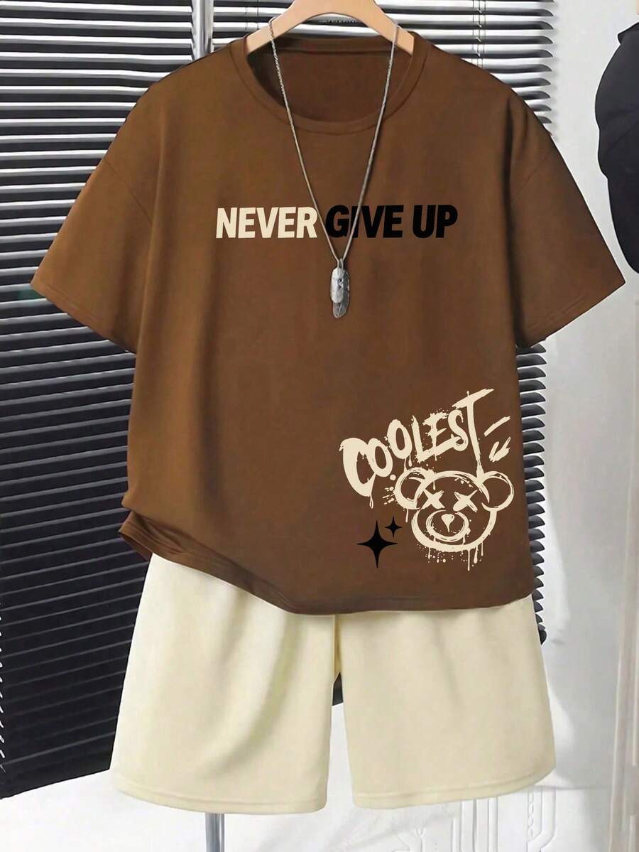 青少年男孩夏季休閒卡通圖案短袖T恤與短褲套裝 - 棕色 - 查看 1