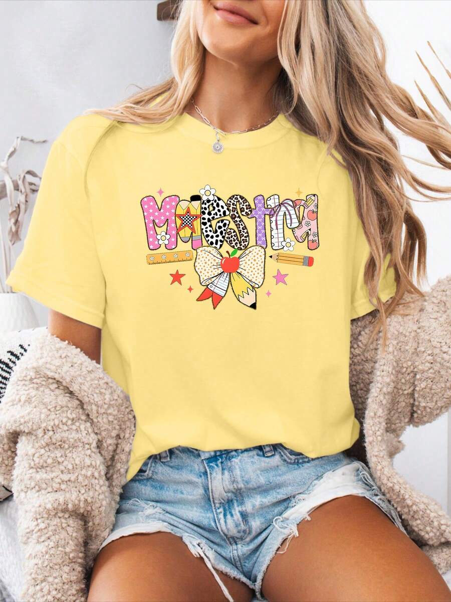 Camiseta de Mujer Nueva y a la Moda 2026 con Estampado de Letras Españolas, Camiseta Casual de Primavera Verano, Cuello Redondo, Manga Corta, Camiseta Deportiva, Top de Mujer PEHB - Amarillo - Ver 1