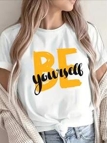 1 camiseta de manga corta para mujer, de poliéster, con un llamativo diseño de "Be Yourself", fondo negro con letras amarillo brillante, estilo casual, adecuada para uso diario, 100% algodón de 180g. - Blanco - Ver 1