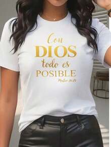 Con Dios Todo Es Posible Camiseta con Versículo Bíblico para Mujer, Inspirada en la Fe Cristiana, Frase Motivacional, Estampado Blanco y Dorado, Manga Corta, Casual, 220g, blusa casual mujer - Blanco - Ver 5