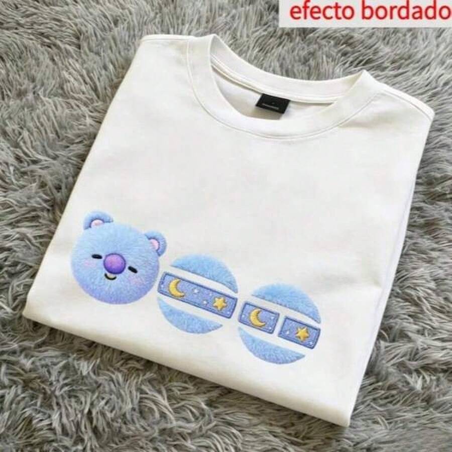 Camiseta BT21 Tata Efecto Bordado | Transpirable, Ropa Casual Diaria - Negro - Ver 1