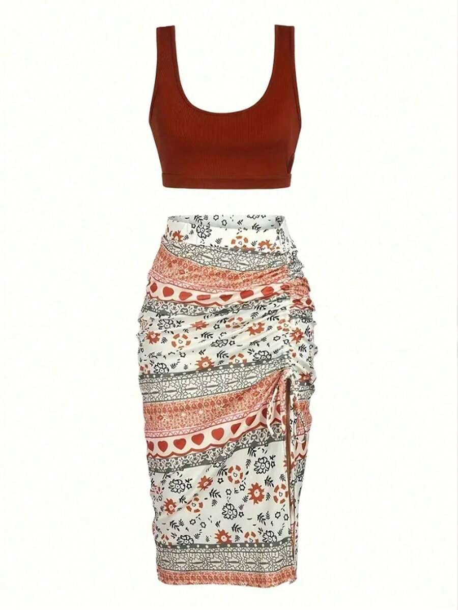 Conjunto de 2 piezas para mujer estilo vacaciones: top corto de tirantes con cuello cuadrado color liso + minifalda ajustada con estampado, cordón y abertura lateral, nueva llegada primavera/verano - Burdeos - Ver 1