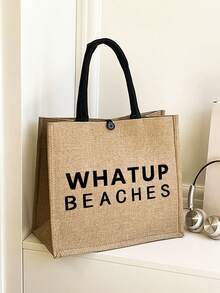 大容量托特包，黑色文字印花「WHATUP BEACHES」，便攜式大容量購物袋，多功能收納袋，亞麻手把托特包，適合海灘旅行、度假、野餐、超市購物、日常攜帶，輕量夏季女款托特包，生日禮物、返校季、海灘玩樂、婚禮蜜月旅行、教師節禮物 - 彩色 - 查看 6