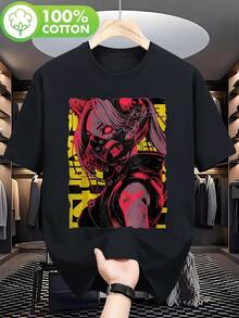 Camiseta de Anime Cyberpunk de la Calle Chunju para Mujer - Talla Grande, Algodón Puro de Alta Calidad con Estampado de Texto y Panel de Cómic, Ropa Casual Urbana, Camiseta Unisex de Manga Corta y Cuello Redondo, 100% Algodón - Negro - Ver 1
