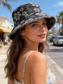 1 chiếc mũ xô denim in hoa thời trang nữ, mũ xô viền tua rua - nhiều màu - Xem 6