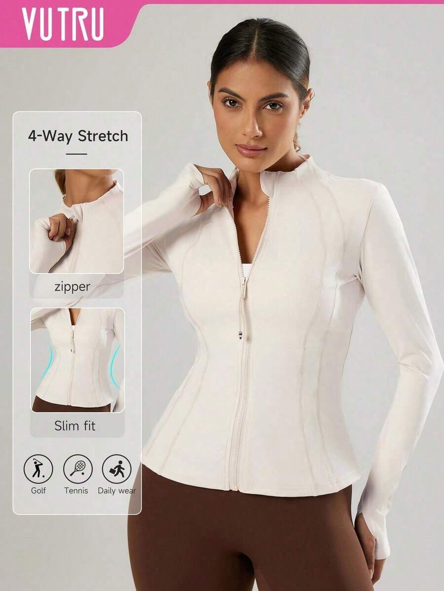 2026 VUTRU Women's Slim Fit Sports Jacket With Thumbholes And High Collar, Spring - Khaki - View 1