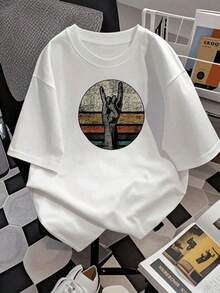 1 Piece Of Women's Casual Short-Sleeve T-Shirt With Vintage Rock And Roll Style Hand Gesture Graphic Print, Summer Fashion Top, 210g, 100% Cotton, Designs Are Fully Printed. Unisex. - 白色的 - 查看 2