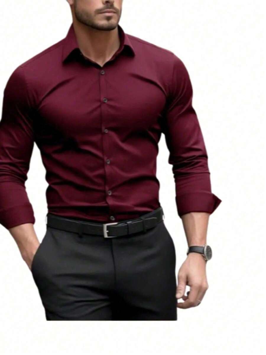 Men's Slim Fit Dress Shirt Of Premium Quality - Excellent Finish - Vinho - View 1