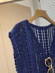 Chaleco corto de punto con escote en V hueco para mujer, primavera/verano - azul real - Ver 4