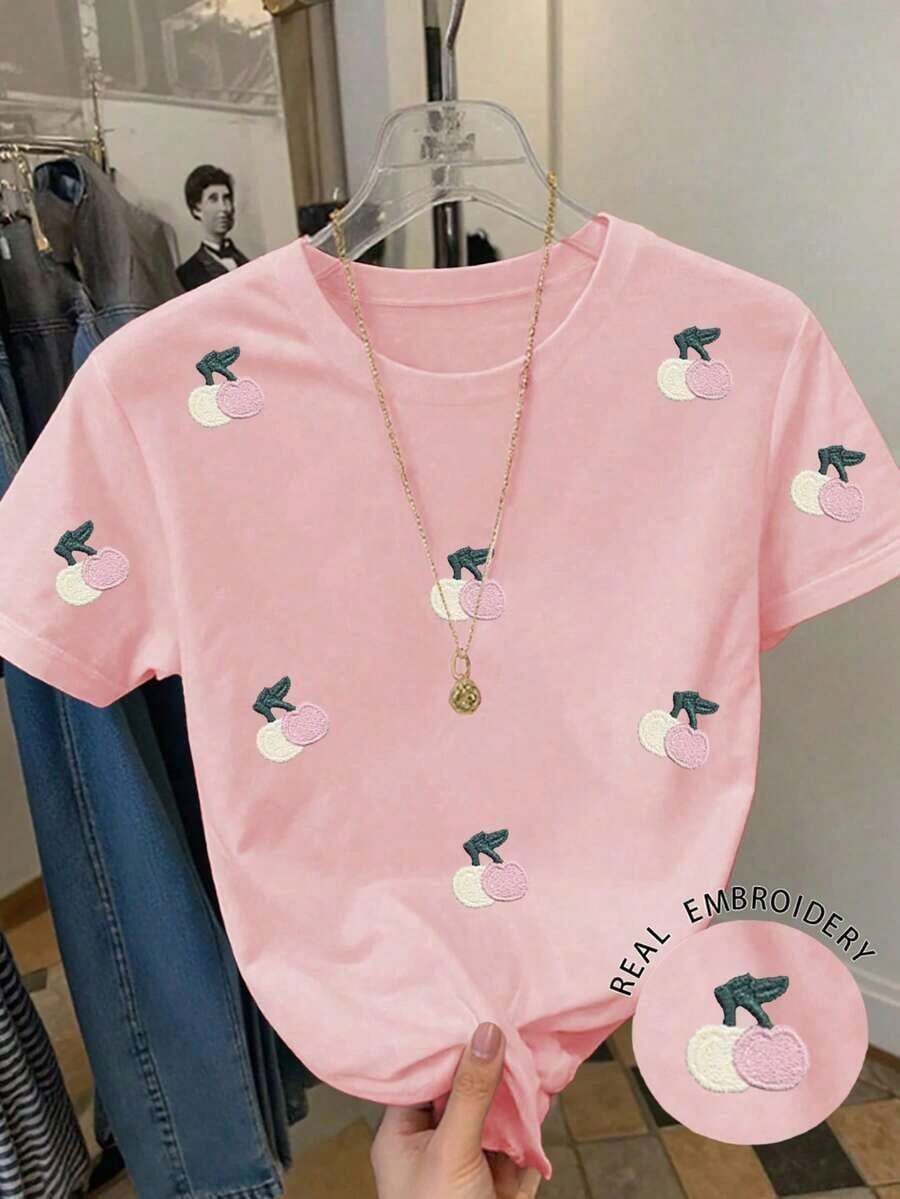Camiseta de manga corta casual de mujer con bordado de cerezas, para verano - Rosa - Ver 1