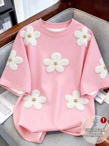 Camiseta de mujer de cuello redondo con bordado de conchas y estampado floral 3D - Multicolor 5 - Ver 1