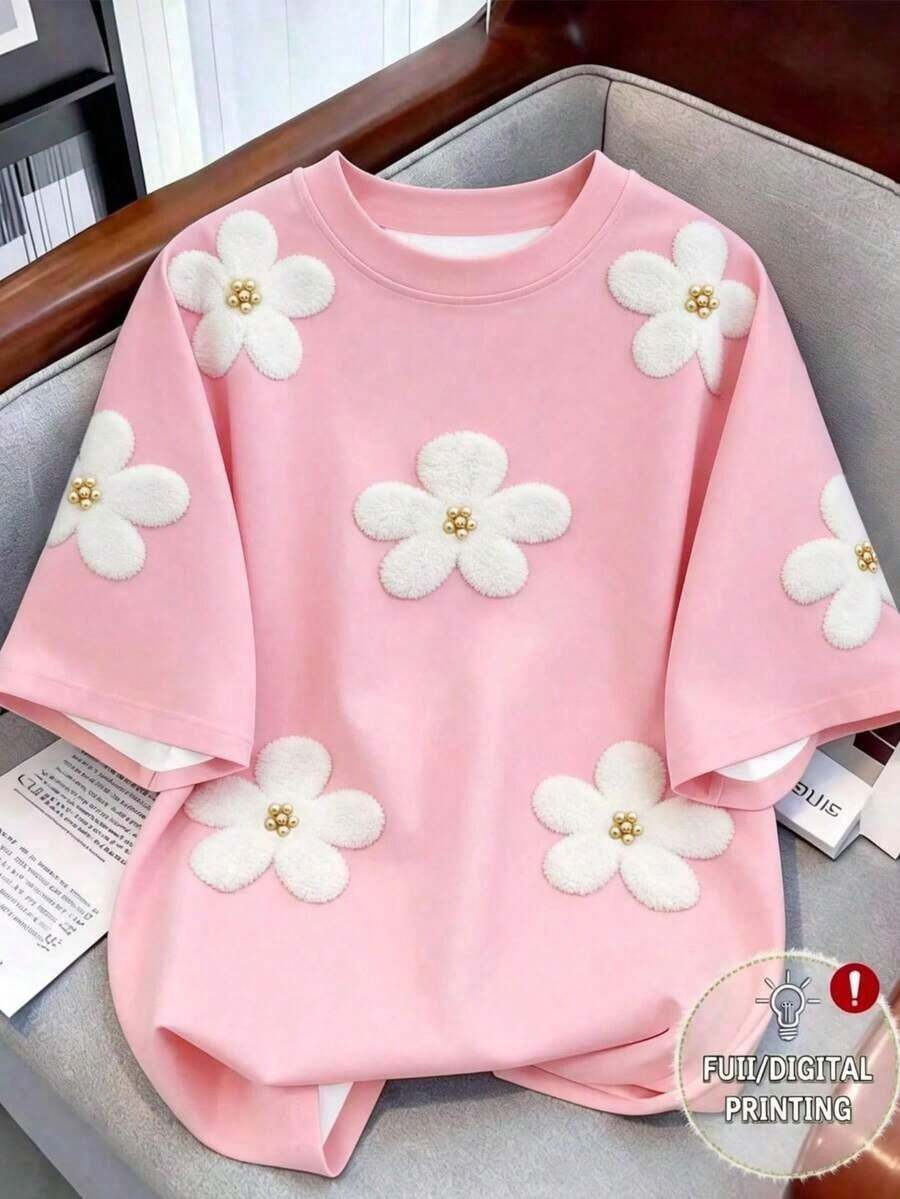Camiseta de mujer de cuello redondo con bordado de conchas y estampado floral 3D - Multicolor 5 - Ver 1