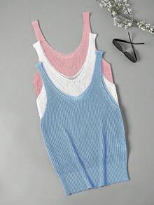 Set de 3 partes superiores de punto con cuello en V informal de resort para mujer - Azul - Ver 1