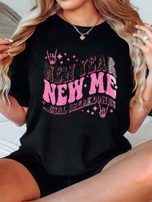 Women's Graphic Short Sleeve T-Shirts With Glitter Print And Hand-Drawn "New Year, New Me, Total Breakdown" Symbols In Pink - Perfect For New Year's Celebrations And Party Outfits - 220gtopsVintage - 黑色 - 查看 5
