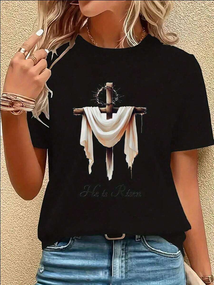 Camiseta Gráfica de Manga Corta para Mujer, Camiseta con Estampado Festivo, Camiseta Blanca con Estampado Religioso para Mujer - Diseño de Cruz de Jesús con Texto "Él Ha Resucitado", Top Elástico para Uso Diario, Adecuado para Iglesia, Pascua, Ropa Casual - Ropa Cristiana Lavable a Máquina 100% Algodón, Verano, Primavera, Tallas Grandes, Estilo Vintage. - Negro - Ver 1