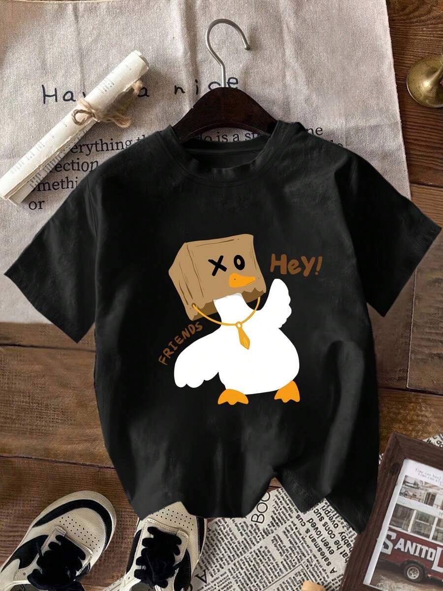Una pieza de ropa femenina moderna con diseño de cuello redondo, que presenta un lindo estampado de pato y letras, perfecta para un uso diario casual y cómodo como una camiseta de manga corta. 180g 100% Algodón. - Negro - Ver 1