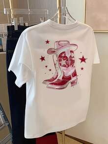 Women's Double-Sided Summer Print T-Shirt - Vintage Pink Cowboy Boot Print, Suitable For Spring And Summer, Women's Clothing Is Simple, Comfortable, Loose, Y-Shaped Round Neck T-Shirt 100% Cotton. - 白色 - 查看 2