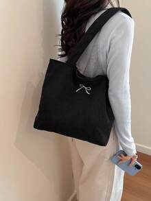 Bolso de hombro de tela de pana de unicolor - Negro - Ver 5