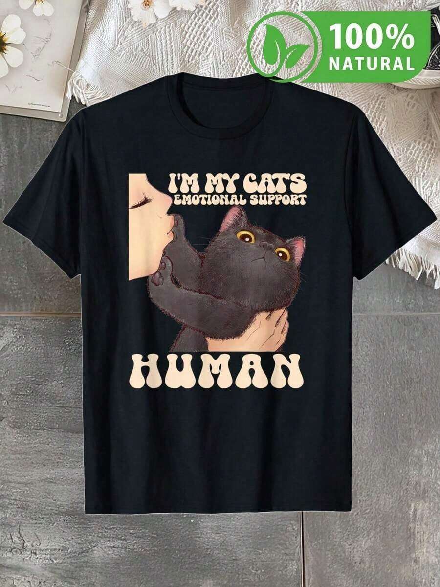Camiseta Unisex Gato y Humano Diseño Divertido - Soporte Emocional, Moda Casual Mexicana, Ropa Original para Amantes de los Gatos, Estilo Juvenil y Cómodo, Perfecta para Regalo, Algodón de Alta Calidad - Negro - Ver 1
